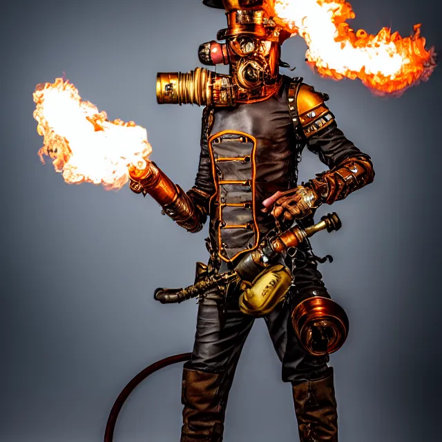 Image similar to full length photo of a steampunk warrior with a flamethrower, 8 k, hdr, smooth, sharp focus, high resolution, award - winning photo