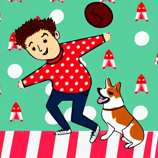 Image similar to illustration of boy playing football with a corgi wearing a polkadot scarf on the streets of paris