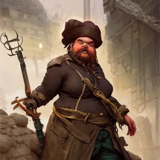 Prompt: post apocalyptic fat pirate chef, highly detailed, digital painting, artstation, concept art, smooth, sharp focus, illustration, ArtStation, art by artgerm and greg rutkowski and Hikari Shimoda and Edmund Blair Leighton and Charlie Bowater