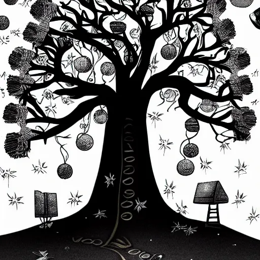 Prompt: a tree on the moon, around the tree are book reading worms and cups, digital art, very detailed