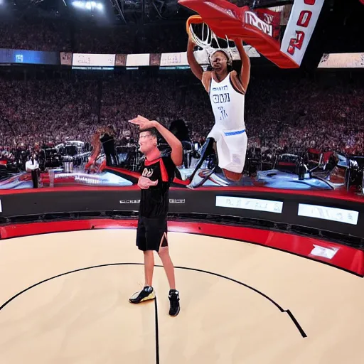 Image similar to elon musk slam dunks in the 2 0 1 9 nba slam dunking contest, full - body shot