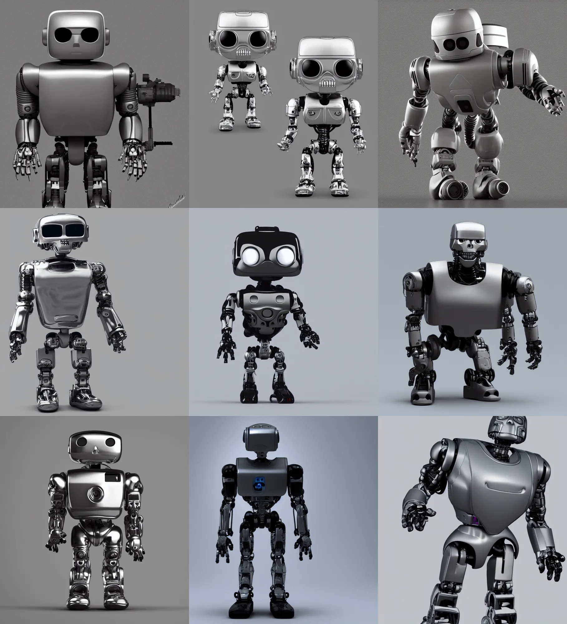 Prompt: full body 3 d render of terminator robot as a funko pop!, studio lighting, grey background, single body, no shadow, blender, trending on artstation, 8 k, highly detailed