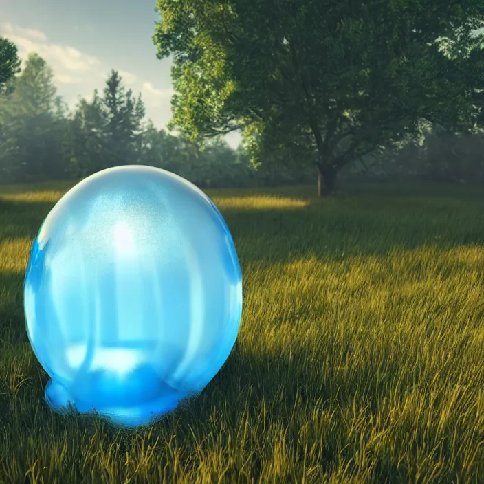 Prompt: render of one huge fantasy transparent translucent bluish slime in the meadow. fantasy, high details, masterpiece, cgsociety, octane render, 8 k, volumetric lighting, photorealism, translucent raytracing, artstation contest winner