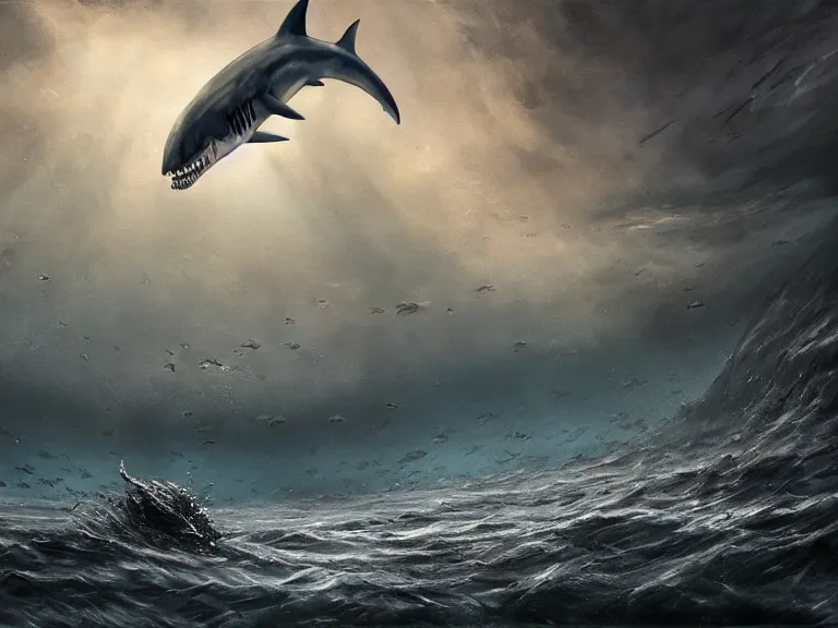 Prompt: dramatic painting of a bloodthirsty horrifying shark underwater in a desolate apocalyptic ocean, hyperrealistic, dark surrealism, digital art, artstation