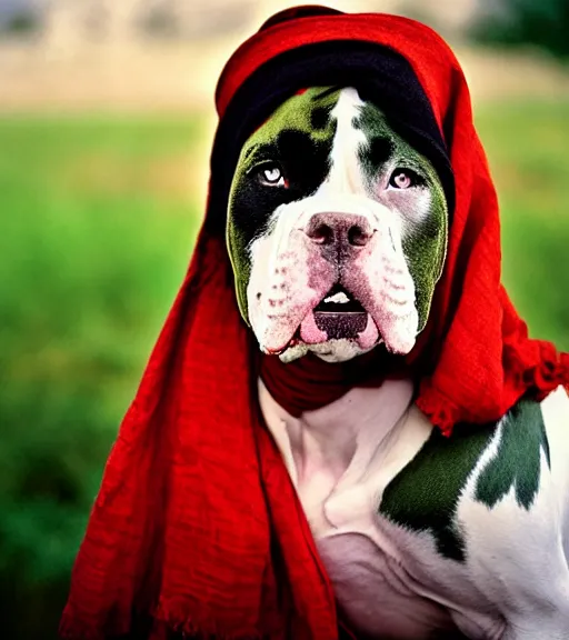 Image similar to portrait of american bulldog as afghan girl, green eyes and red scarf looking intently, photograph by steve mccurry