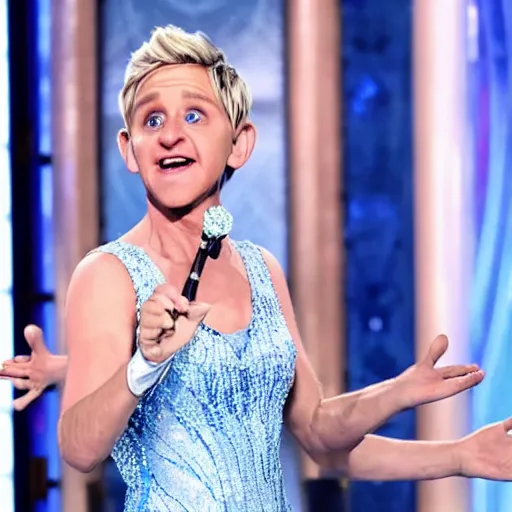 Image similar to ellen degeneres as elsa in live action disney frozen, 8k resolution, full HD, cinematic lighting, award winning, anatomically correct