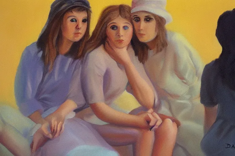 Prompt: beautiful painting of friends, beautiful faces, sitting on the edge, cute, soft light, digital painting by diane arbus