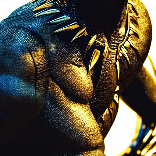 Image similar to a close up photo of a detailed golden statue of Black Panther, 8K,