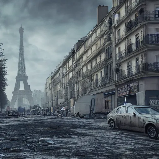 Image similar to post apocalyptic paris,ultra wide, octane render, cinematic, hyper realistic,