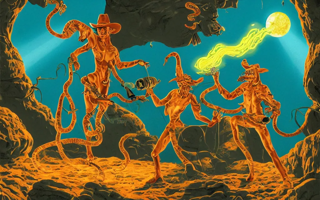 Prompt: Minotaur Genie with snakelike limbs wearing oversized cowboy hat manifests in tonic stimulant lava lamp bottle, the spirit of the bull run, Uncle Aloysius brand SNAKE OIL in the outer space wild west locomotive rain forest jungle rivers of Formosa, 35mm film still, art by gil Elvgren and Ilya kuvshinov