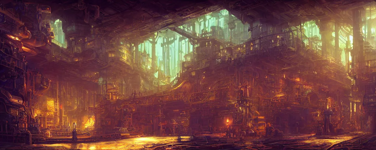 Image similar to ” steampunk docking bay inside an ancient cargo ship, [ art by paul lehr, cinematic, detailed, epic, widescreen, opening, establishing, mattepainting, photorealistic, realistic textures, octane render ] ”