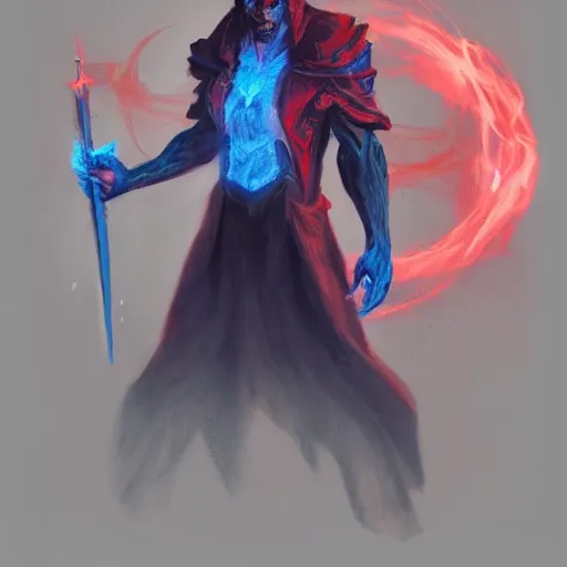 Prompt: A character study of an evil sorcerer with blue energy glowing from his hands, he has a red hat, concept art by Guillaume Menuel, character design, high detail, fantasy art