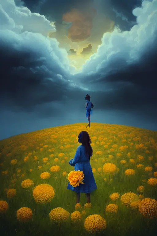 Image similar to closeup girl with huge yellow dahlia flower face, intricate, standing on mountain, surreal photography, blue storm clouds, dramatic light, impressionist painting, digital painting, artstation, simon stalenhag