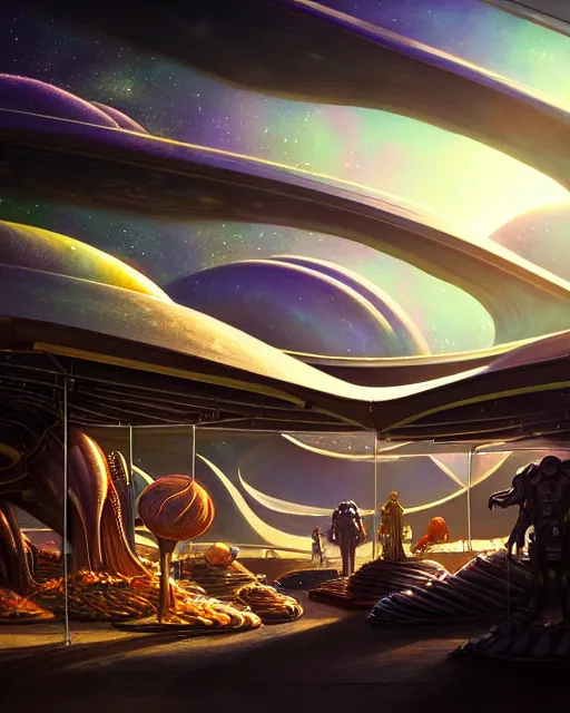 Image similar to a market stall on an alien planet. sci - fi. strange. detailed. meticulously rendered. hyperdetailed. trending on artstation. imax. deviant art. epic sky. astrophotography.