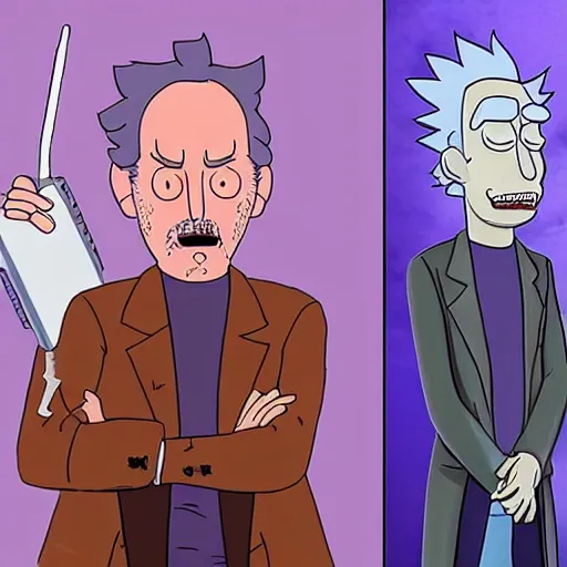 Image similar to Bill Murray playing Rick Sanchez, with spikey grey hair, and wearing a white lab coat, real-life action movie of Rick & Morty announced, poster art