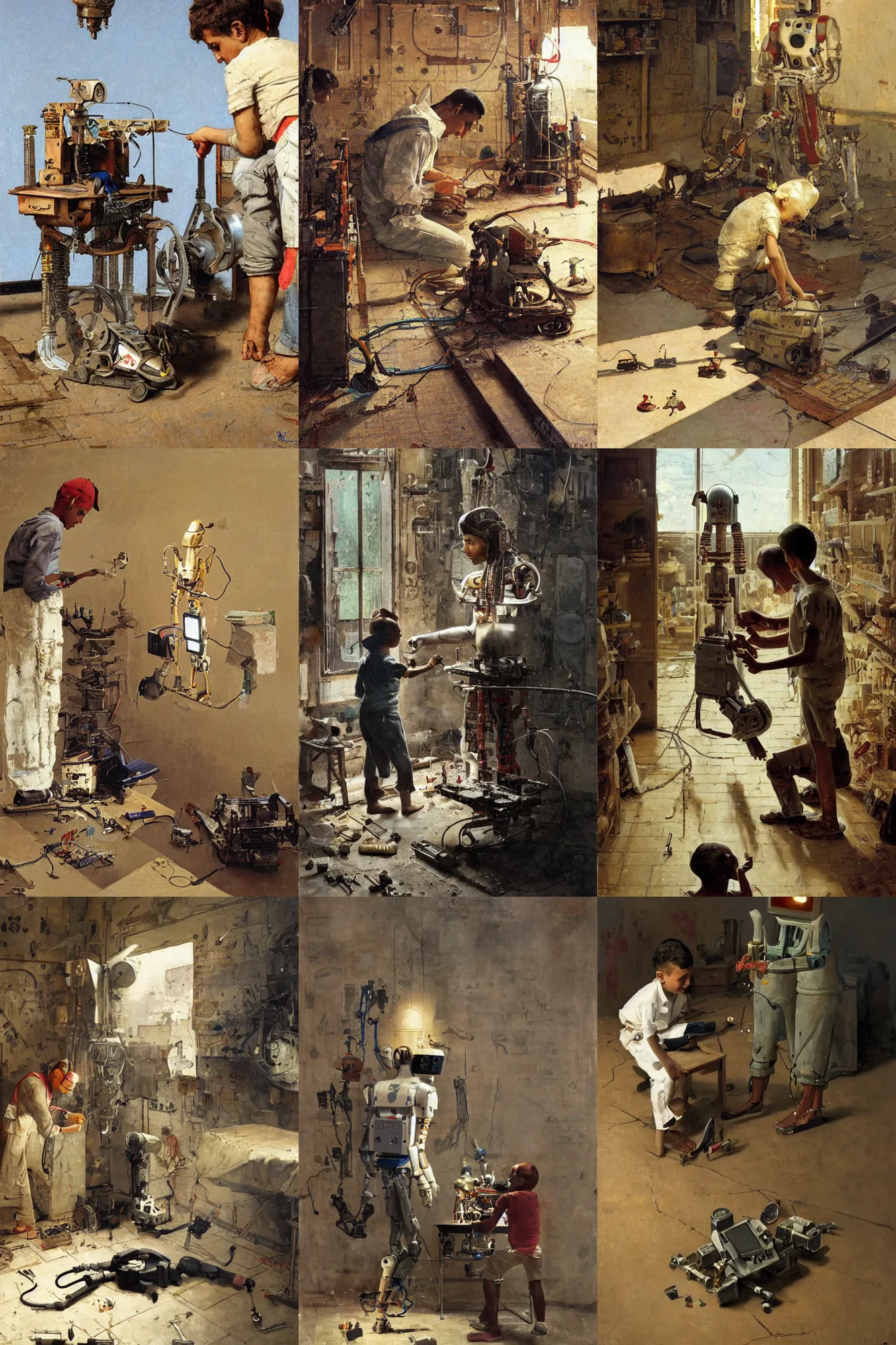 Prompt: an Egyptian boy fixing his robot, part by Norman Rockwell, part by Greg Rutkowski , part by Mattias Adolfsson, volumetric lighting oil on canvas
