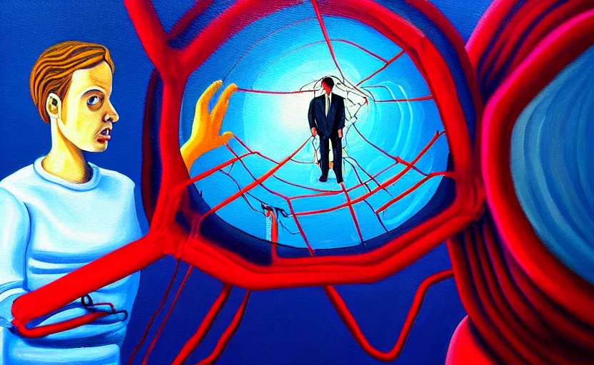 Prompt: a painting of someone stuck inside a dream but they really stuck inside a giant computer, you can see hands on the outside pulling the strings, surrealist, colour