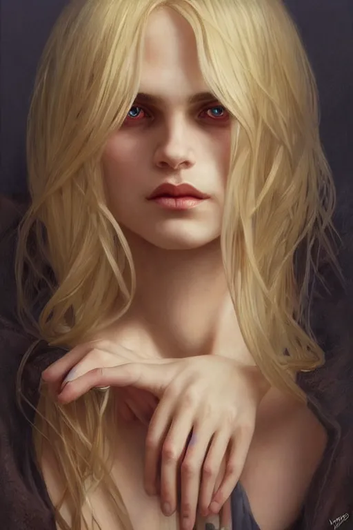 Prompt: portrait of a blonde vampire, dark, piercing eyes, gentle expression, elegant clothing, photorealistic, highly detailed, artstation, smooth, sharp focus, art by michael whelan, artgerm, greg rutkowski and alphonse mucha