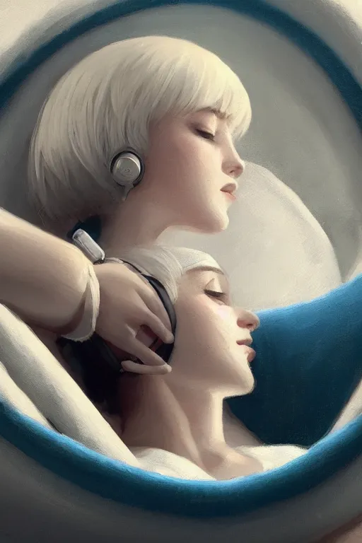 Prompt: a medium close-up of cute young woman lying in a ball chair listening to music with her eyes closed and wearing headphones, white bob cut hair, freckles, cozy setting, blue and white, warm lighting, cinematic, moody, nier automata, poster, oil on canvas, in the style of Ilya Kuvshinov, Krenz Cushart, Range Murata, Eero Aarnio, 8k