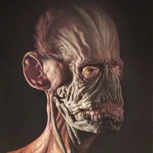 Prompt: oil painting by christian rex van minnen portrait of an extremely bizarre disturbing mutated man with intense chiaroscuro lighting perfect composition masterpiece intense emotion