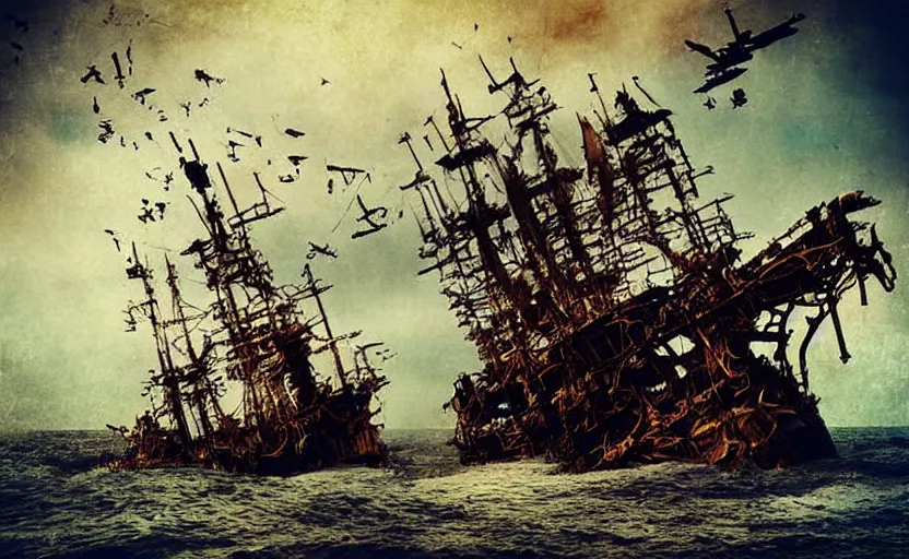 Image similar to “Pirate ship wreck falling from the sky, digital art, cinematic, award winning”