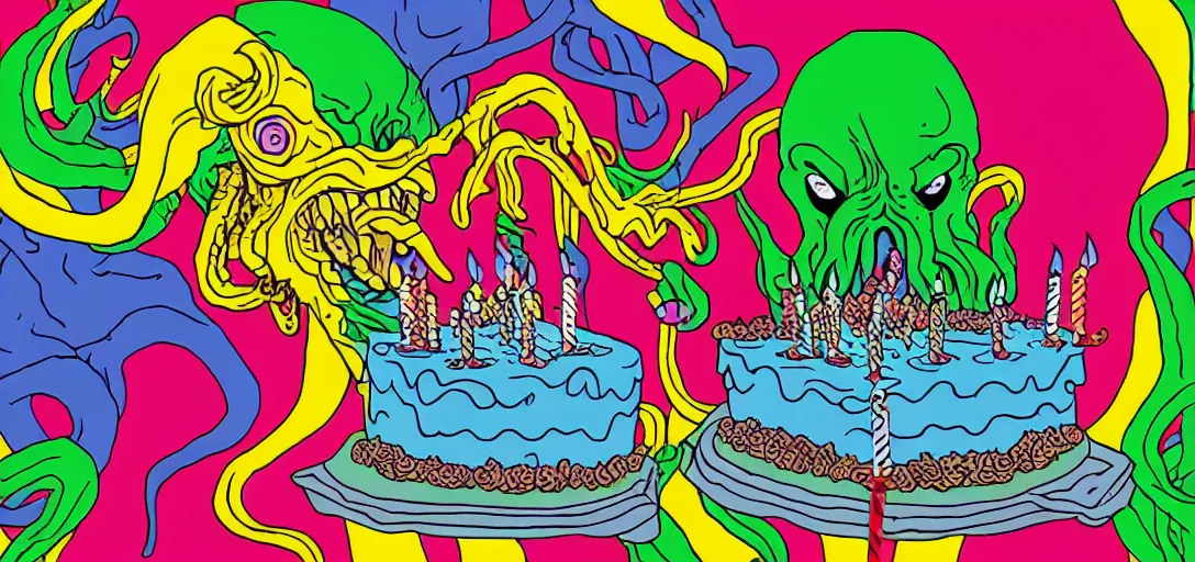 Prompt: Cthulhu laughing and blowing out the candles on his birthday cake, Mike Judge art style, 90's mtv illustration, surrealism, David Lynch film, fractal tile flooring, clean linework, vivid complementary colors