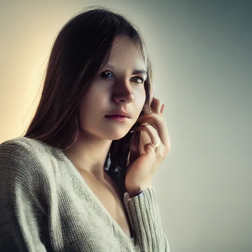 Image similar to young woman looking relieved, highly detailed, cinematic shot, cinematic lighting, 8 k, exquisite facial detail