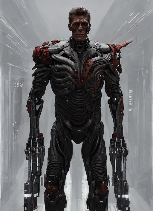 Image similar to willem dafoe as victor stone, full concept, cyborg, borg, strogg, face of a man, terminator, flesh, quake strogg, doom demon, wolfenstein, monstrous, powerful, symmetry, symmetrical, concept art by ruan jia and greg rutkowski