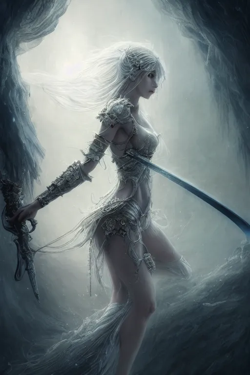 Image similar to the ghost of a beautiful girl with a big sword, intricate, ethereal, by wlop, by luis royo, by peter mohrbacher, hyper detailed, weta digital, ray trace, unreal engine, trending on artist, beautifully lit, cinematic, soft light, photorealistic, volumetric, realistic, glossy, 8 k post - production, masterpiece, luxury, smooth