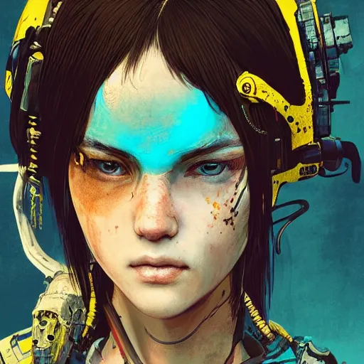 Image similar to highly detailed portrait of a post-cyberpunk young lady by Akihiko Yoshida, Greg Tocchini, 4k resolution, mad max inspired, yellow, black, brown and cyan color scheme