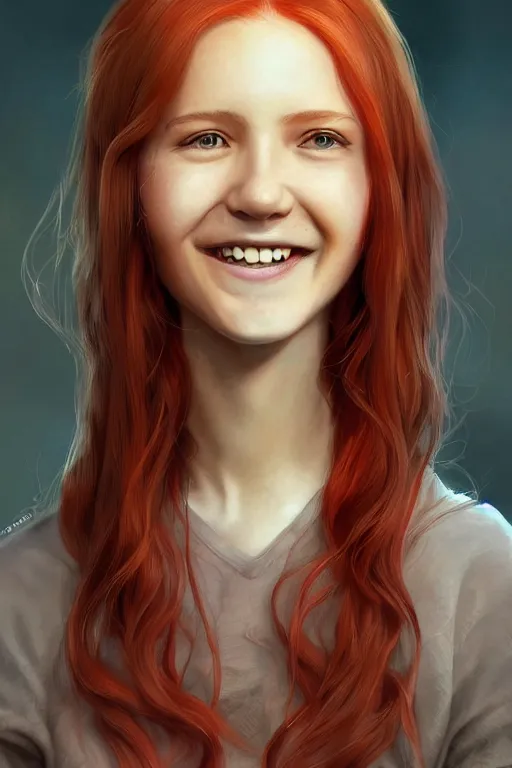 Image similar to ultra realistic style illustration of a cute red haired old teen smiling, long hair, 1 9 year old, portrait, sci - fi, fantasy, intricate, elegant, digital painting, artstation, concept art, smooth, sharp focus, illustration, 8 k frostbite 3 engine, ultra detailed, art by artgerm and greg rutkowski and magali villeneuve