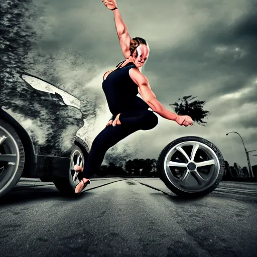 Image similar to car jumping, bodybuilder, woman, photo, digital art, hands, underbody, tire, throw, standing