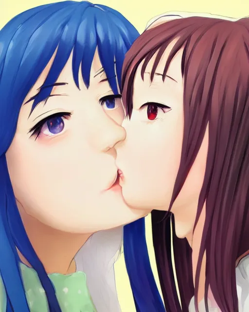 Image similar to portrait of two girls kissing, anime, trending on Artstation