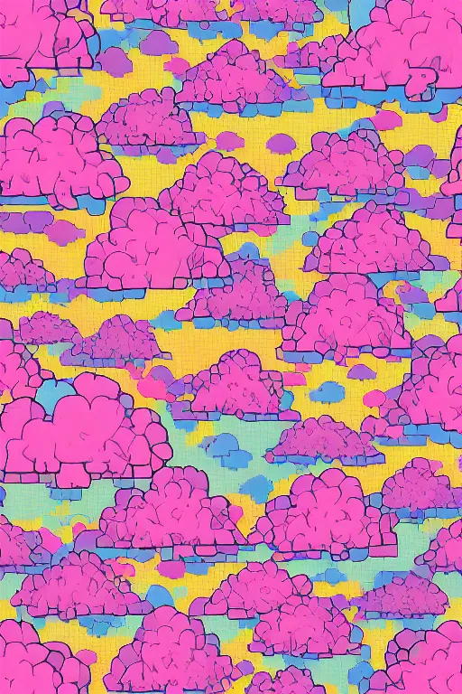 Image similar to repeating seamless retro pixel pattern of pink fluffy clouds in a pretty sky, grain, noise, bold, KDP, colourful, symmetrical, repeating 35mm photography, ultra fine detail, 4k high definition, bold