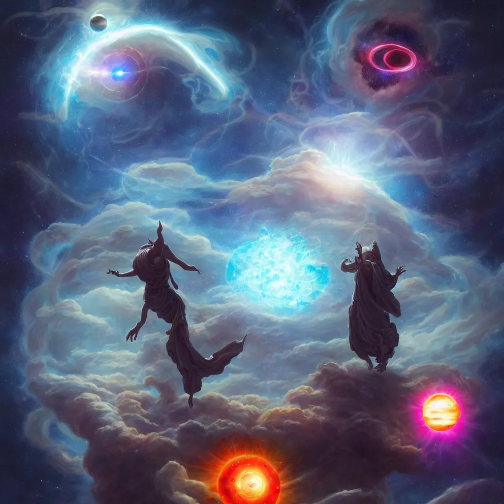 Prompt: giant celestial god levitating a solar system between it's hands, space, black hole, planet, clouds, nebula, creature, monster, alien tentacles, demon, colorful, high constrast, lens flare, oil painting, detailed, 4 k, 8 k, peter mohrbacher