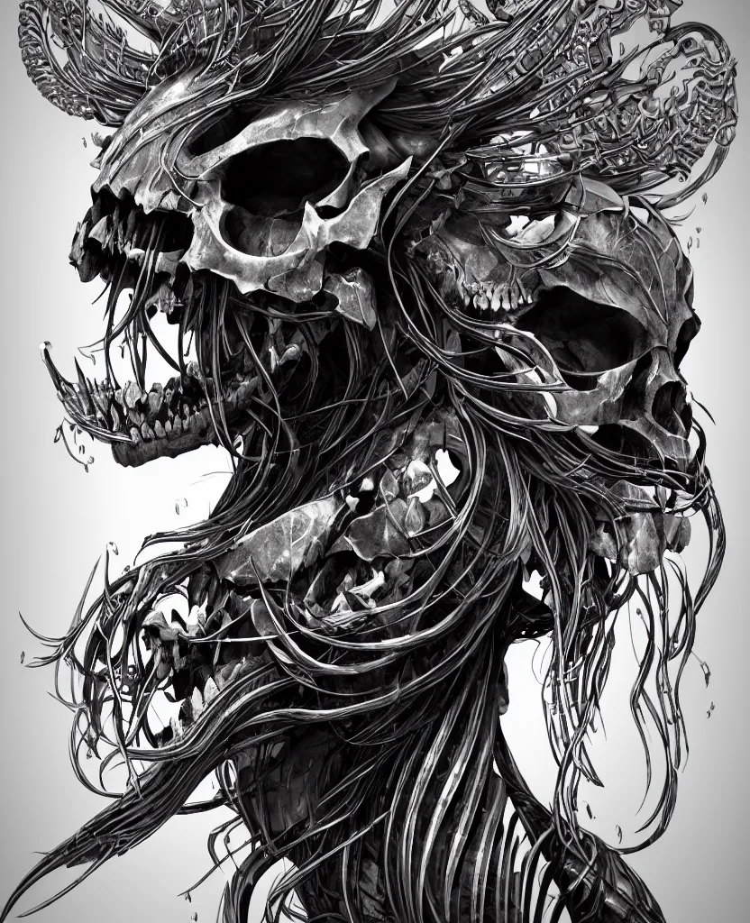 Image similar to close-up macro portrait of the face of a beautiful princess with animal skull mask, epic angle and pose, ribcage bones symmetrical artwork, 3d with depth of field, blurred background, cybernetic jellyfish female face skull phoenix bird, translucent, nautilus, energy flows of water and fire. a highly detailed epic cinematic concept art CG render. made in Maya, Blender and Photoshop, octane render, excellent composition, cinematic dystopian brutalist atmosphere, dynamic dramatic cinematic lighting, aesthetic, very inspirational, arthouse. y Greg Rutkowski, Ilya Kuvshinov, WLOP, Stanley Artgerm Lau, Ruan Jia and Fenghua Zhong