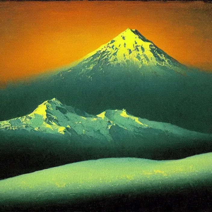 Prompt: mt elbrus at night, arkhip kuindzhi, oil painting, realism, luminous, christian mysticism, teal palette