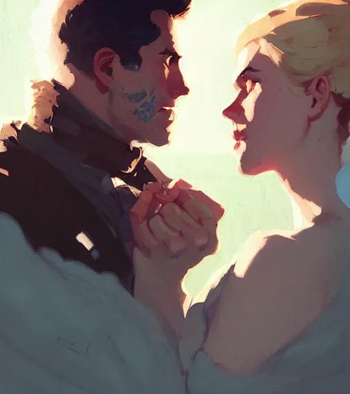 Prompt: portrait of cullen kissing clementina by atey ghailan, by greg rutkowski, by greg tocchini, by james gilleard, by joe fenton, by kaethe butcher, dynamic lighting, gradient light blue, brown, blonde cream and white color scheme, grunge aesthetic