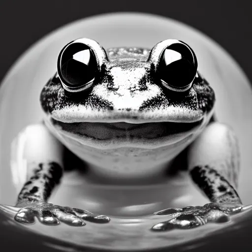 Prompt: symmetry!!! a big black and white cartoon frog with one big eye and one small eye, sitting on top of a backlit glass sphere. super close - up. monochrome, 2 4 mm wide - angle. award - winning photo.