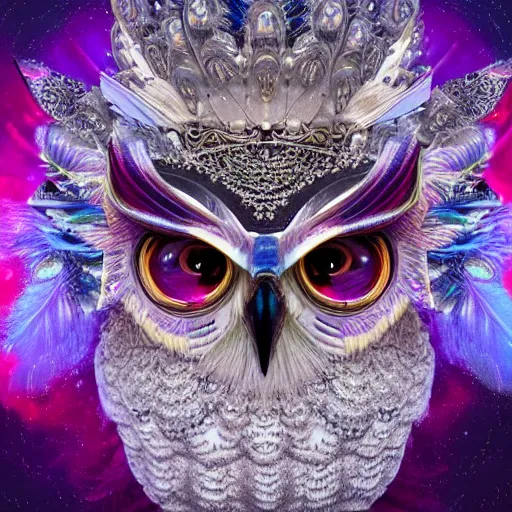 Image similar to detailed portrait of a alien magical owl, wearing a diamond crown, glowing feathers, halfway through, hyper detailed, stylistic, symmetrical, ethereal bohemian, detailed render, hdr, octane render