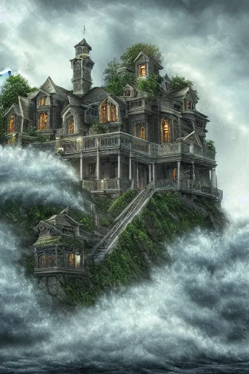 Image similar to Ultra Realistic Hyper detailed Fantasy view of a Haunted Mansion overlooking the cliffs edge where ocean waves are crashing during a lightning storm.