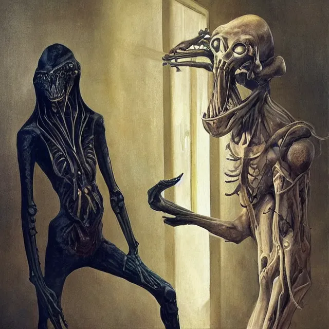 Prompt: a strange creature greeting a female explorer in a dining room, haunted house, masterpiece, detailed human face, rhads!!!, magical realism, urban fantasy, a hooded figure, a fierce woman, ( h. r. giger )