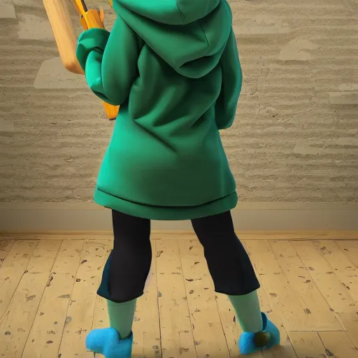 Image similar to cute fumo plush of a girl in a green hoodie with a giant hammer, vray