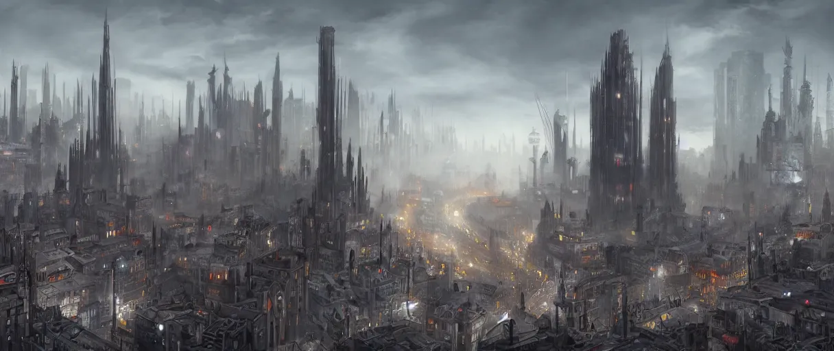 Image similar to digital concept art of dystopian, gothic berlin, high quality, high detail, in the style of Ralph McQuarrie, megacity surrounded by huge impenetrable tall walls, large hero buildings in the middle towering above the others, tram stations, metro, vivid colours, matte painting, photoshop