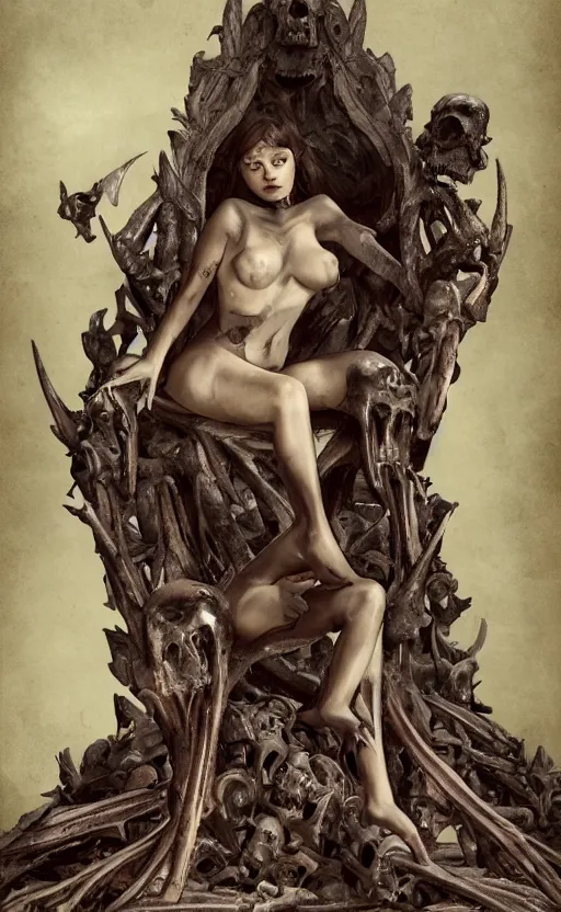 Image similar to a mesmerizing succubus sitting in a relaxed pose on her throne of bones in hell,