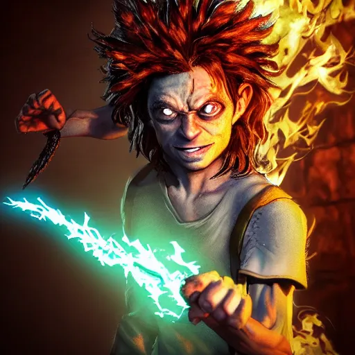 Prompt: An epic fantasy comic book style portrait painting of young Gollum with red spiked long hair, using an orange lens googles. Wearing white shirt, a black waistcoat, brown pants and black boots. He is throwing a wild fire blast from his hands, with a vicious smile in face. Unreal 5, DAZ, hyperrealistic, octane render, cosplay, RPG portrait, dynamic lighting , 8k ,