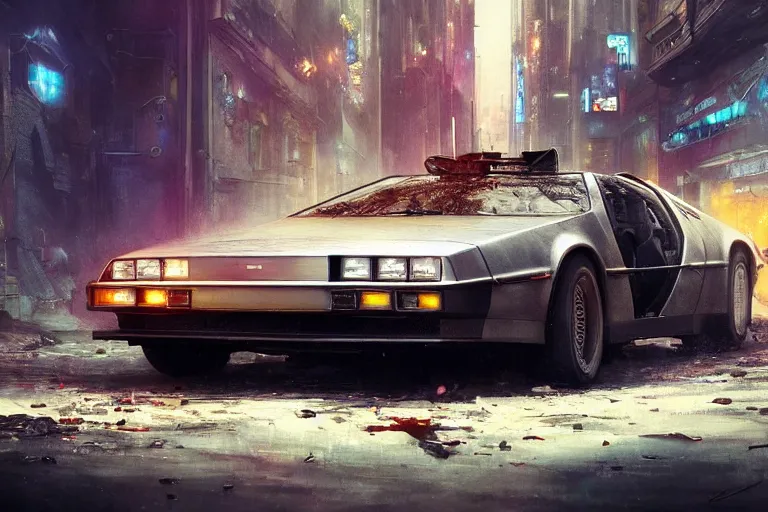 Image similar to highly detailed photograph of a delorean parked on the streets of a cyberpunk abandoned city, doors are open, by greg rutkowski and stanley artgerm and alphonse mucha, octane, sharp focus, hyperrealistic, masterpiece