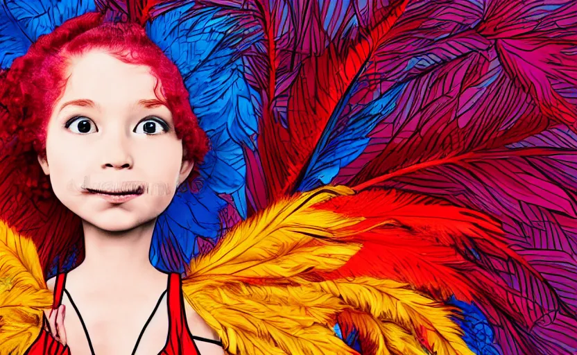 Prompt: little girl with eccentric red hair wearing a dress made of colorful feathers, cartoon art style