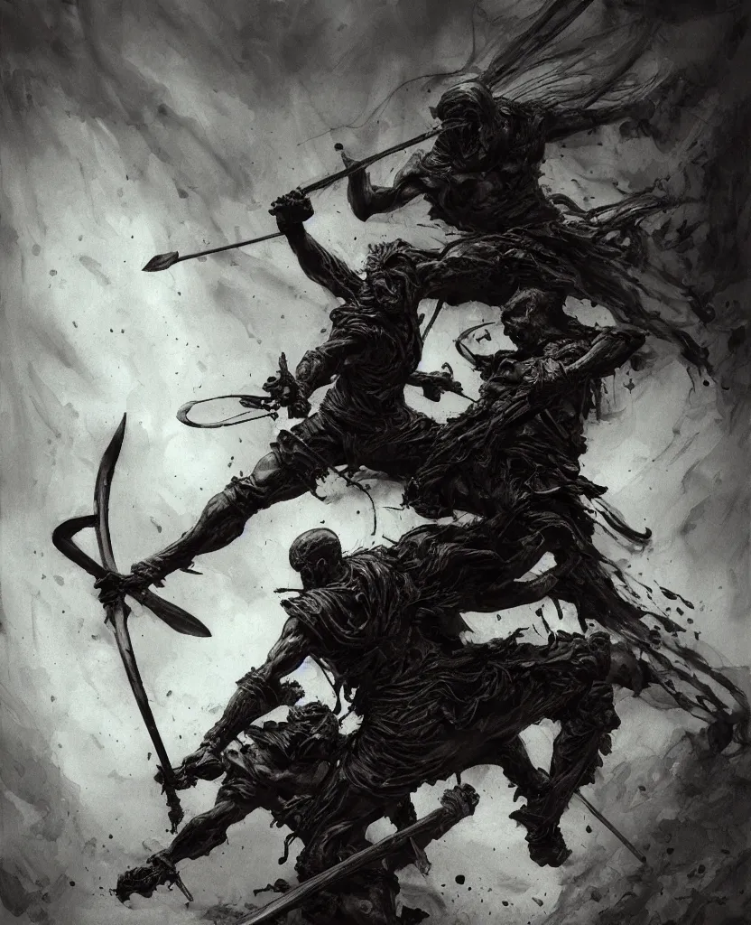 Image similar to David slaying Goliath painting, dark colors, sinister atmosphere, dramatic lighting, cinematic, establishing shot, extremely high detail, photo realistic, cinematic lighting, pen and ink, intricate line drawings, by Yoshitaka Amano, Ruan Jia, Kentaro Miura, Artgerm, post processed, concept art, artstation, matte painting, style by eddie mendoza, raphael lacoste, alex ross,