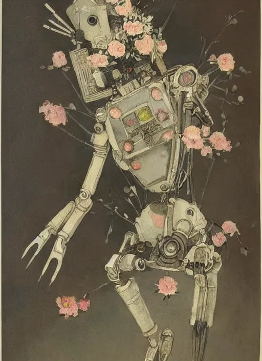 Prompt: Louis Icart, an old elaborate painting of a robot with flowers coming out its head, highly detailed, masterpiece